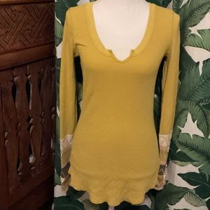 Free People Thermal Knit Waffle Weave Top with Crochet Wrists Gold Yellow M